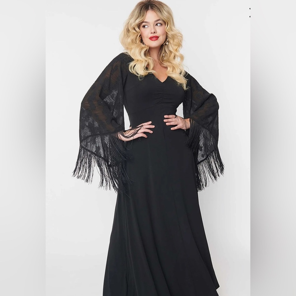 SMAKPARLOUR. Fringed Long Bell Sleeved Ruched Maxi Dress